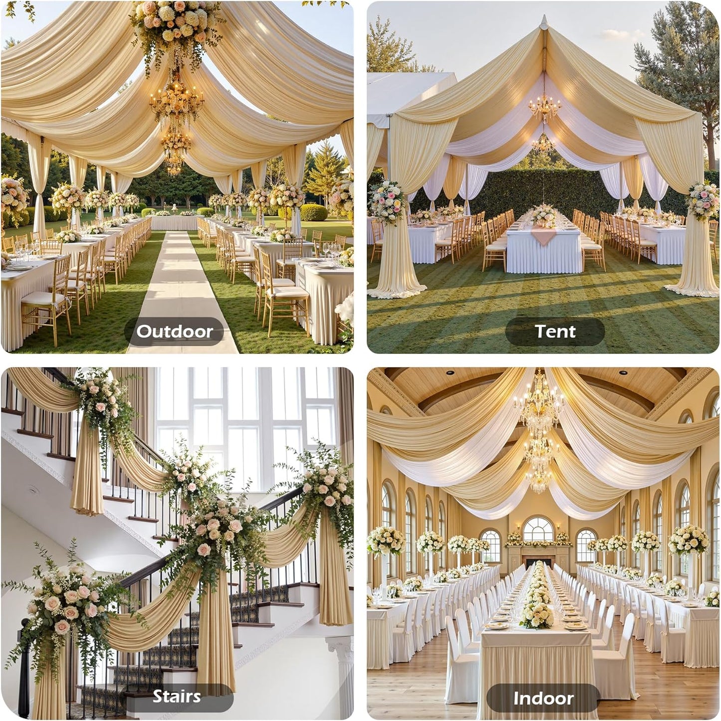 PartyVillage 10ftx40ft Beige Ceiling Curtain for Wedding Parties – 2 Panels Wrinkle-Free 40 FT Long Tent Draping Curtains for Wedding, Birthday & Theme Parties, 40ft Height with Rod Pocket