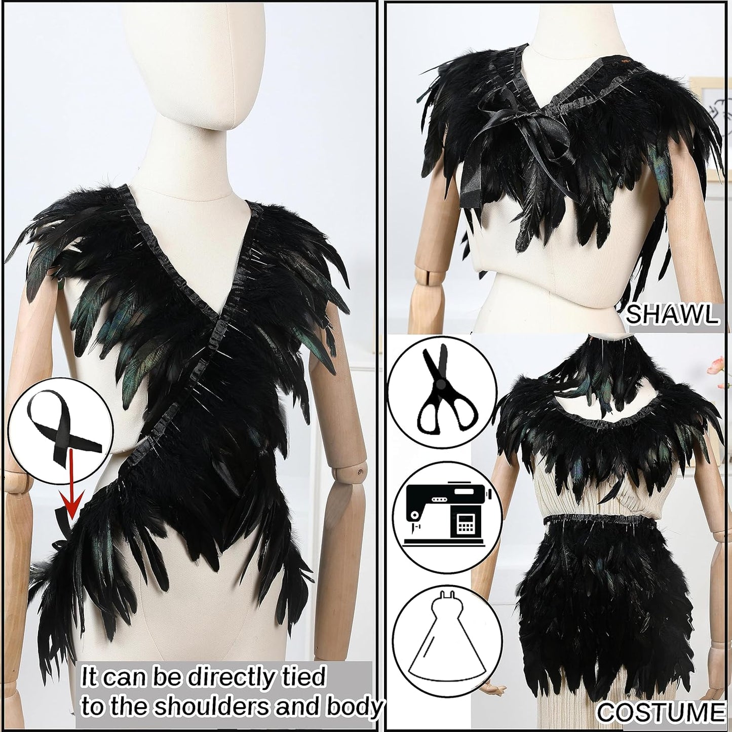 Holmgren Natural Rooster Feather Trim - 2 Yards 5-7inch Rooster Feathers Fringe Trim for Feather Shawl Cape, Gloves, Dress Costume and Home Party Decoration (Natural)