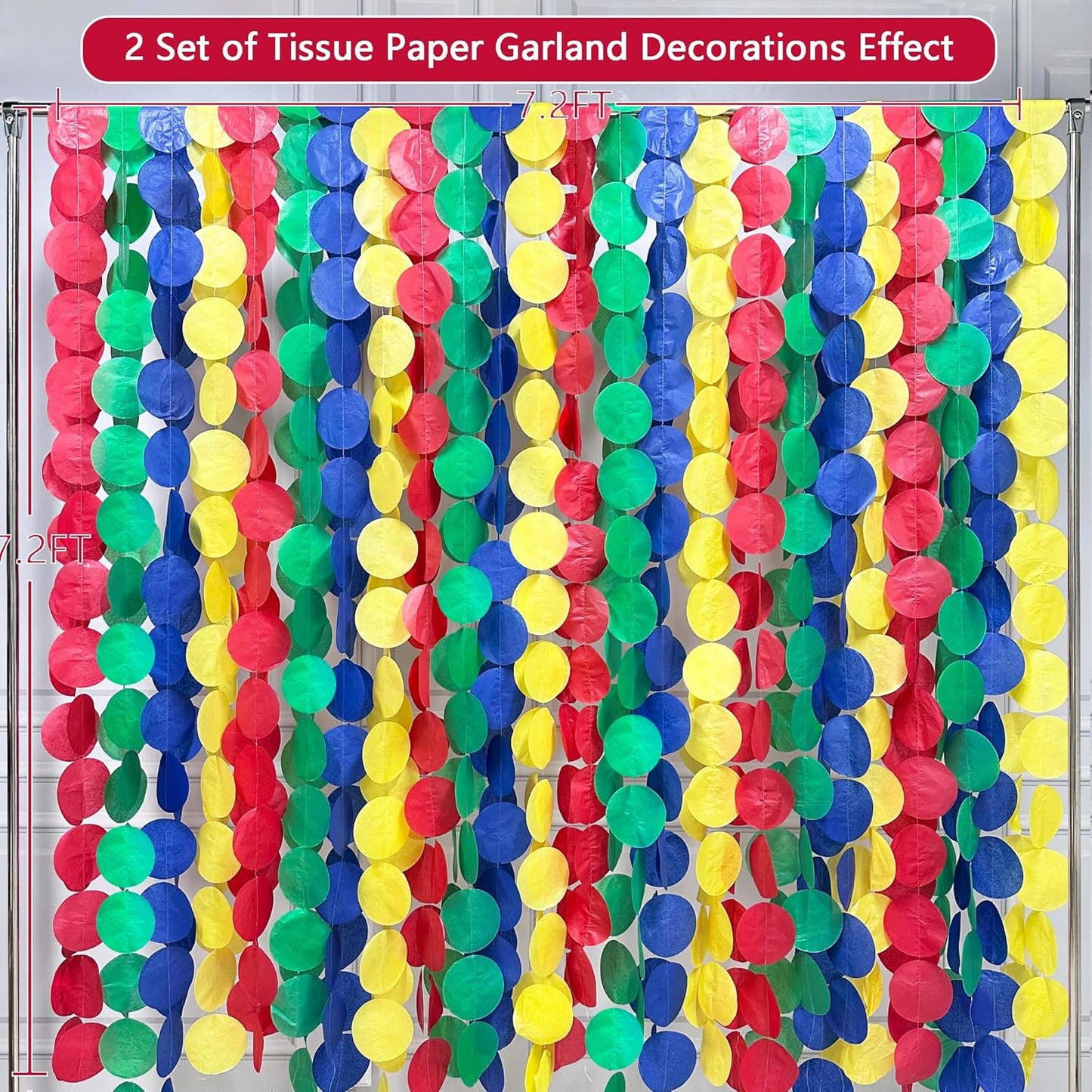 205Ft Super Mario Party Decorations Red Green Blue Yellow Big Polka Dot Tissue Paper Backdrop Streamer Circle Dot Hanging Garland for Birthday Baby Shower Carnival Circus Clown Fiesta Colorful Party