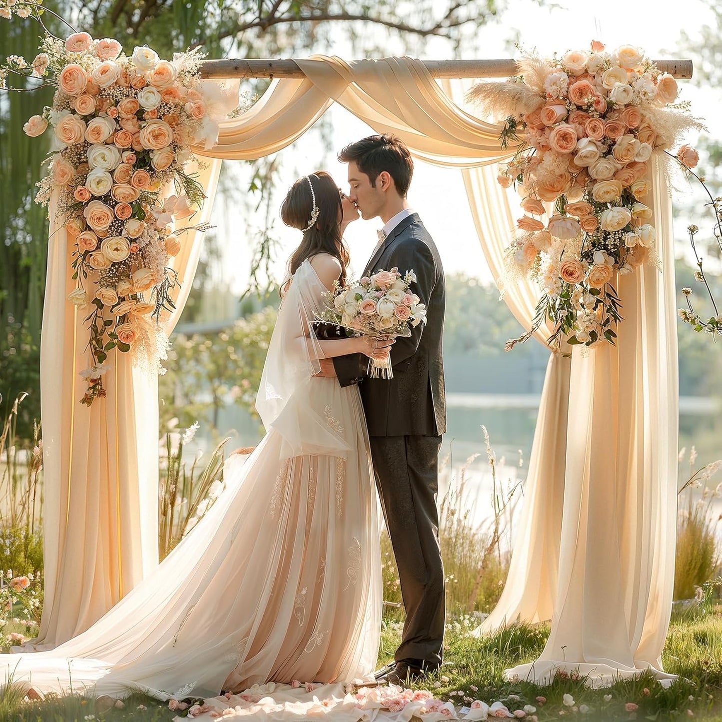 Champagne Wedding Arch Draping Fabric 3 Panels 30'' x 20FT Champagne Drapes Sheer Fabric Backdrop Arch Draping Fabrics for Wedding Ceremony Birthday Party Bridal Shower Decoration