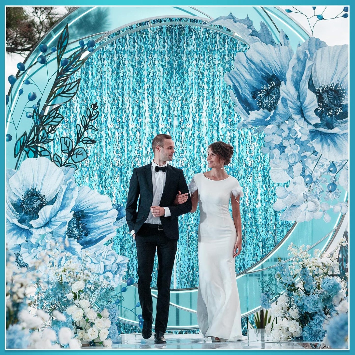 Jutom 6 Pieces 3.3 x 6.6 ft Wavy Tinsel Foil Fringe Curtains Foil Fringe Streamer Backdrop Party Curtain for Sea Mermaid Baby Shower Birthday Party Decoration(Blue Green)