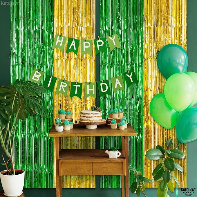 KatchOn, Green and Gold Foil Fringe Curtains - 6.5x6.5 Feet | St Patricks Day Backdrop for St Patricks Day Decorations