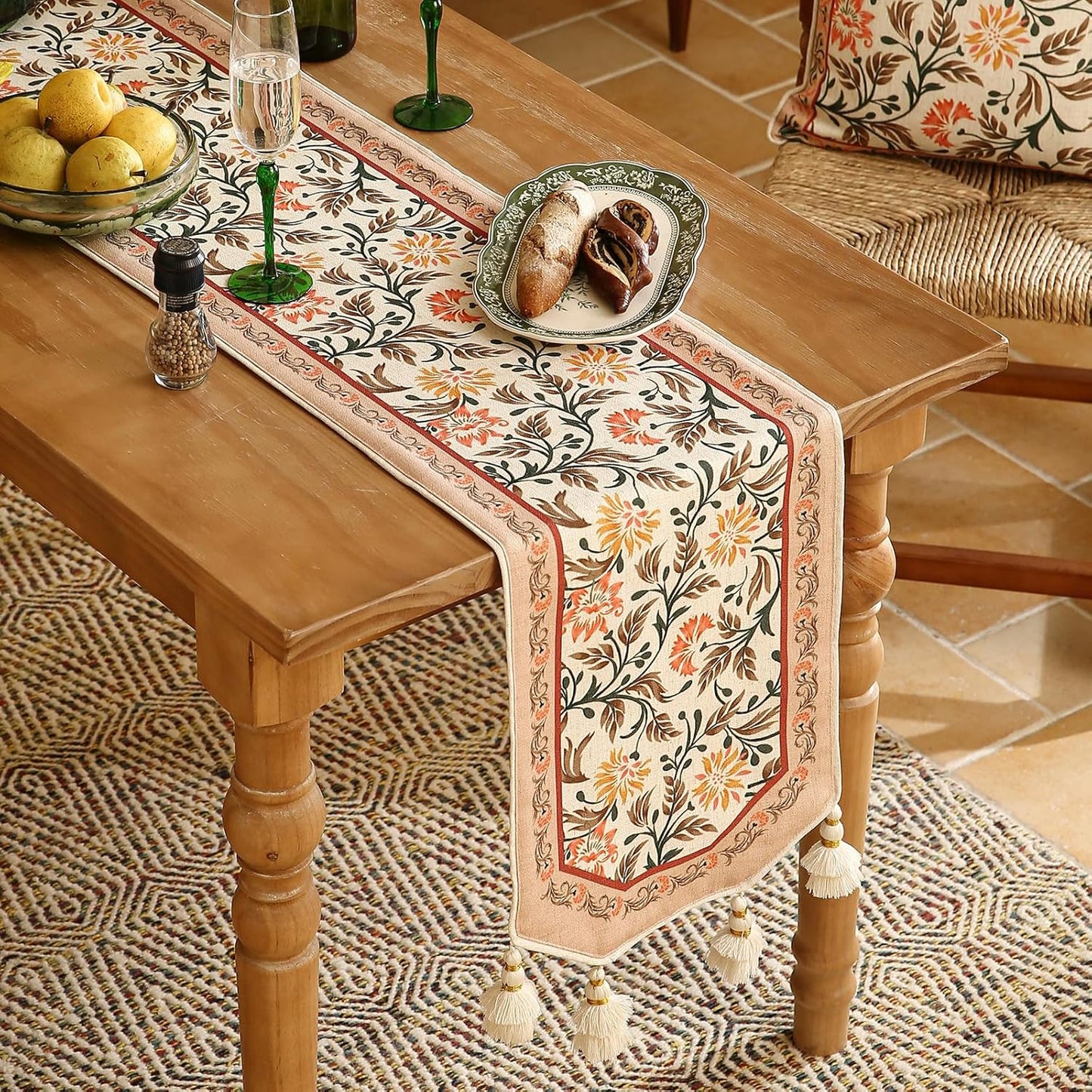 ISAENNE Designer French Elegant Linen Table Runner 102 Inches Long,Farmhouse Lily Pattern Decor Table Runners for Dining Tables,Thanksgiving,Kitchen Tables,Christmas,12"*102"-Aurora A