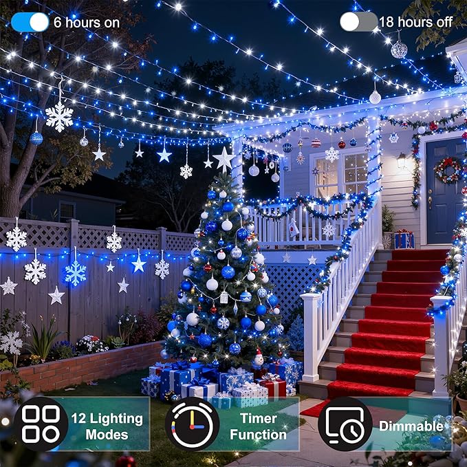 350LED Christmas Lights Indoor Outdoor, 90ft 12 Modes Blue and Cool White LED String Lights with Timer Dimmable, Waterproof Tree Lights for Xmas Patio Yard Fence Wedding Bedroom Garden Decor
