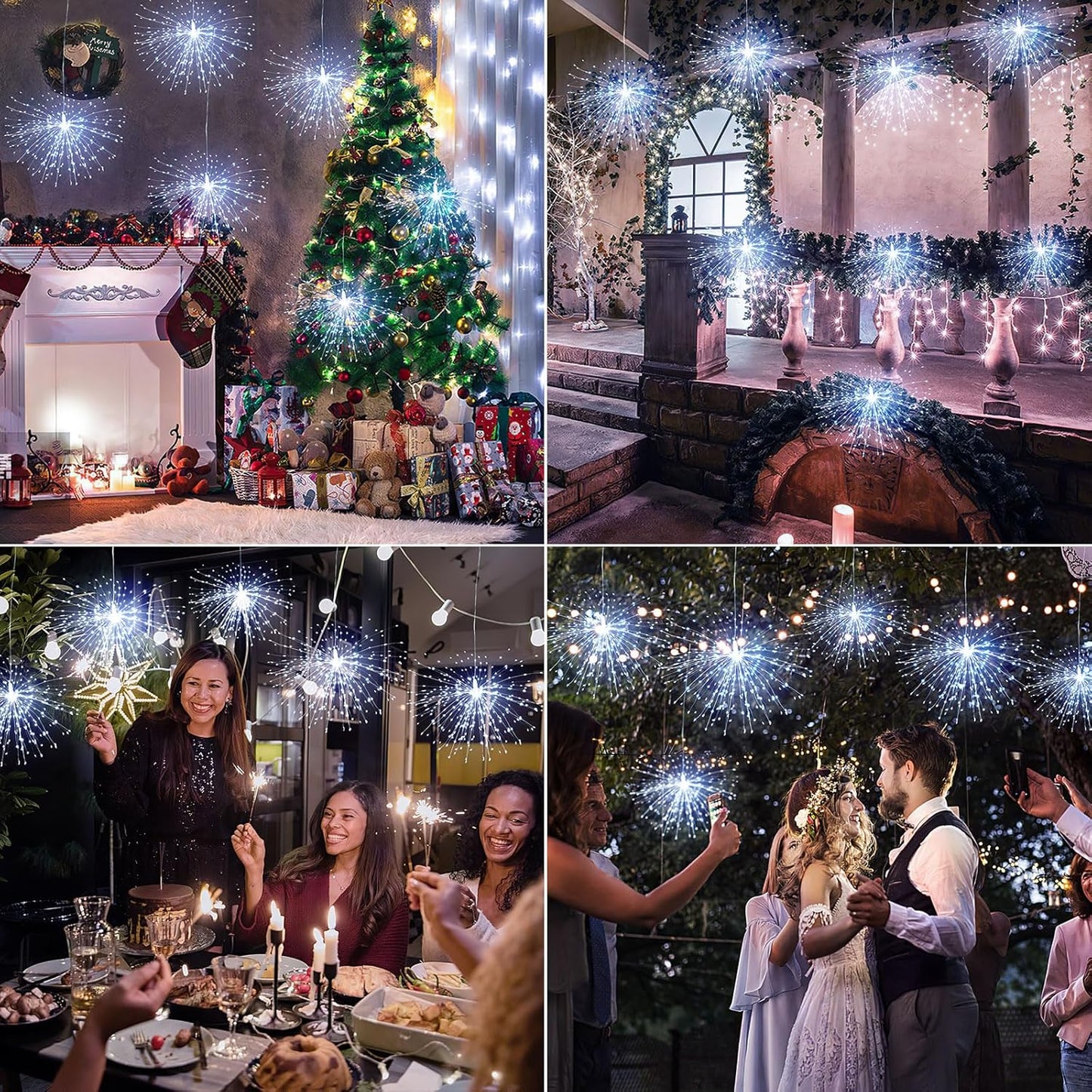 Admitrack Starburst String Lights Christmas Lights, 225 LED 8 Modes Dimmable with Remote Control, Waterproof Copper Wire Decorative Hanging for Party Patio Garden Decoration (White, 4PC)