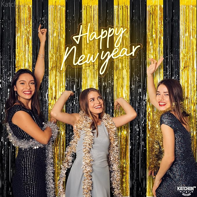 KatchOn, Xtralarge Black and Gold Streamers - 8x3.2 Feet, Pack of 2 | Black and Gold Fringe Curtain for Black and Gold Party Decorations | Black and Gold Backdrop, Graduation Decorations 2024