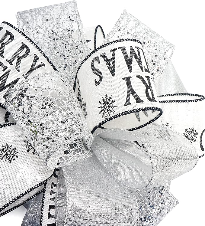 CT CRAFT LLC Silver with Black Christmas Christmas Tree Topper Bow 11" with 4 Ribbon Streamers x 3 Yards Long Each for Holidy Elegant Fancy Home Décor Indoor