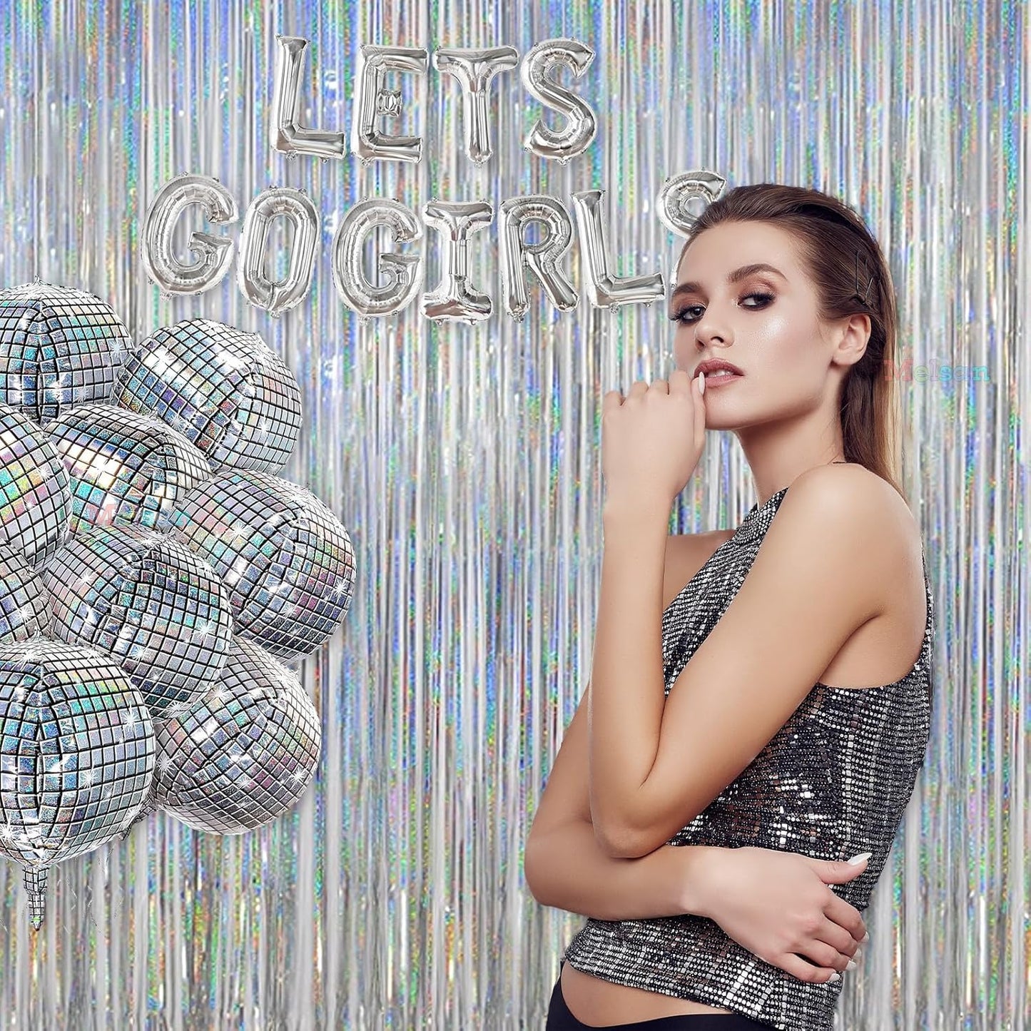 Melsan Foil Curtain, 2 Pack 3.2 ft x 8.2 ft Silver Tinsel Foil Fringe Curtains Backdrop, Sparkle Metallic Foil Curtains for Independence Disco Bachelorette Party Decorations, Silver Tinsel Backdrop