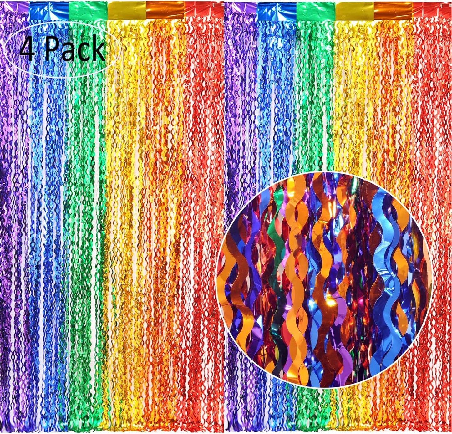 4 Pack Wavy Rainbow Foil Fringe Curtains - Colorful Party Decorations 3.3x6.6ft Tinsel Metallic Streamers Holiday Photo Booth Props Backdrop for Birthday Wedding Engagement