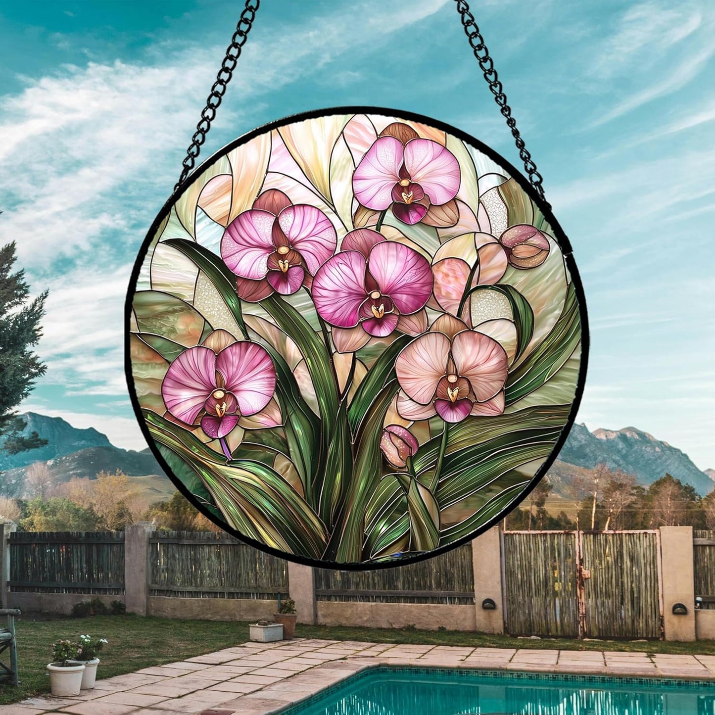 Stained Glass Window Hanging - Pink Phalaenopsis Orchid Green Leaves Sun Catcher for Door Home Decor Flower Suncatcher Christmas Mother's Day Birthday Gifts for Women Men Mom Nana 15 in