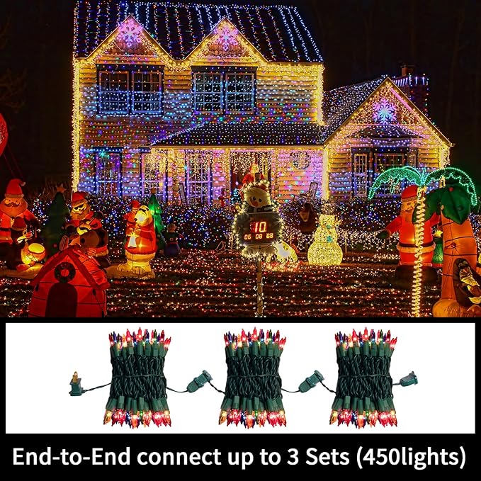 LAMPHOME Super-Bright Extendable Multicolor Christmas Lights Decoration 300Lights 63.8ft(2pk of 150L) UL Certified Mini Bulb String Lights for Outdoor Christmas Tree Garden Holiday Party Patio Decor