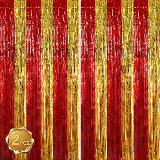 BEISHIDA Red Gold Door Streamers Backdrop Foil Fringe Tinsel Party Streamers Curtains Photo Backdrop for Birthday Graduation Christians Party Decoations
