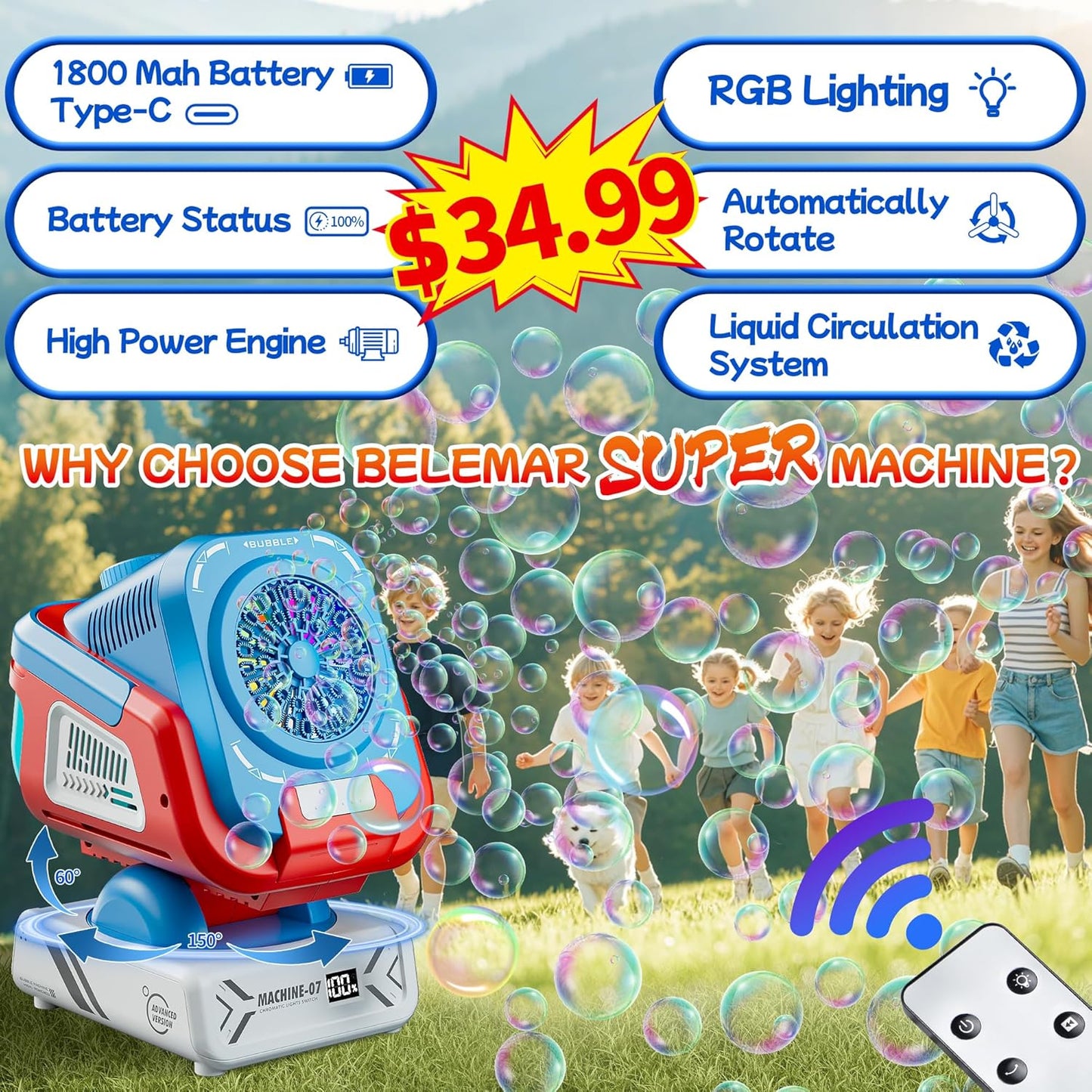 2025 Upgraded Bubble Machine with Remote Control, Automatic Rotation & RGB Lights, 1800mAh Rechargeable Battery, Type-C Charge, Bubble Maker for Kids, Weddings, Birthday Parties, Outdoor Activities