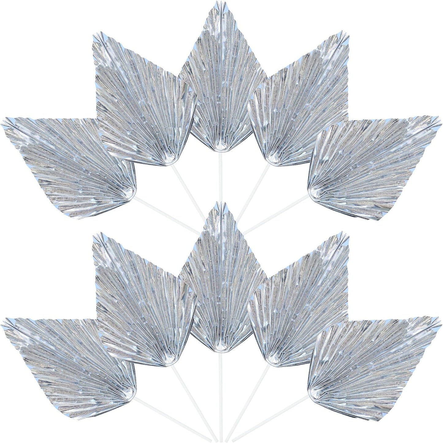 Ephlyn 6Pcs Paper Palm Leaves Fan Cake Toppers Palm Leaf Fan Cake Picks Craft DIY Fan Cupcake Toppers Palm Spear Leaves Cake Decorations for Baby Shower Wedding Birthday Party Supplies Bright Silver
