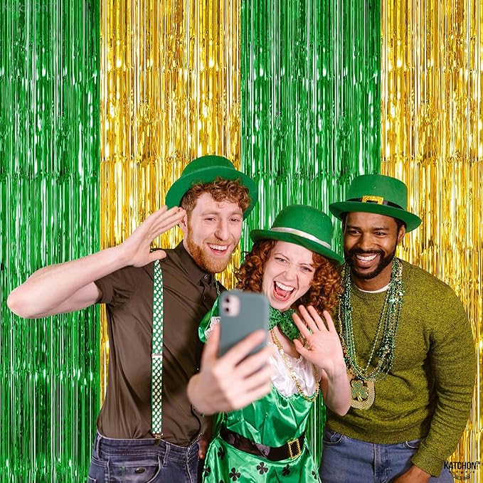 KatchOn, Green and Gold Foil Fringe Curtains - 6.5x6.5 Feet | St Patricks Day Backdrop for St Patricks Day Decorations
