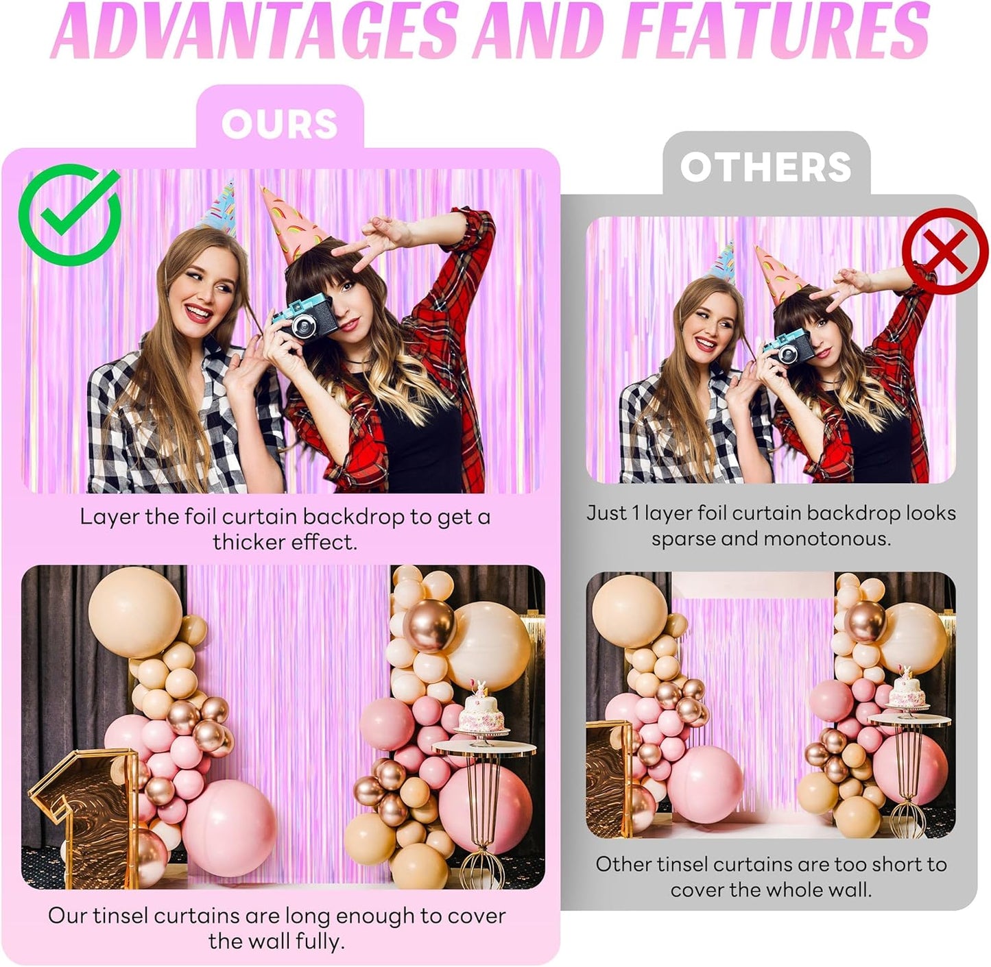 BTSD-home 4 Pack Iridescent Transparent Purple Foil Fringe Curtain, Metallic Photo Booth Tinsel Backdrop Door Curtains for Wedding Birthday Baby Shower Bachelorette Party Decorations(8ft x 3ft)