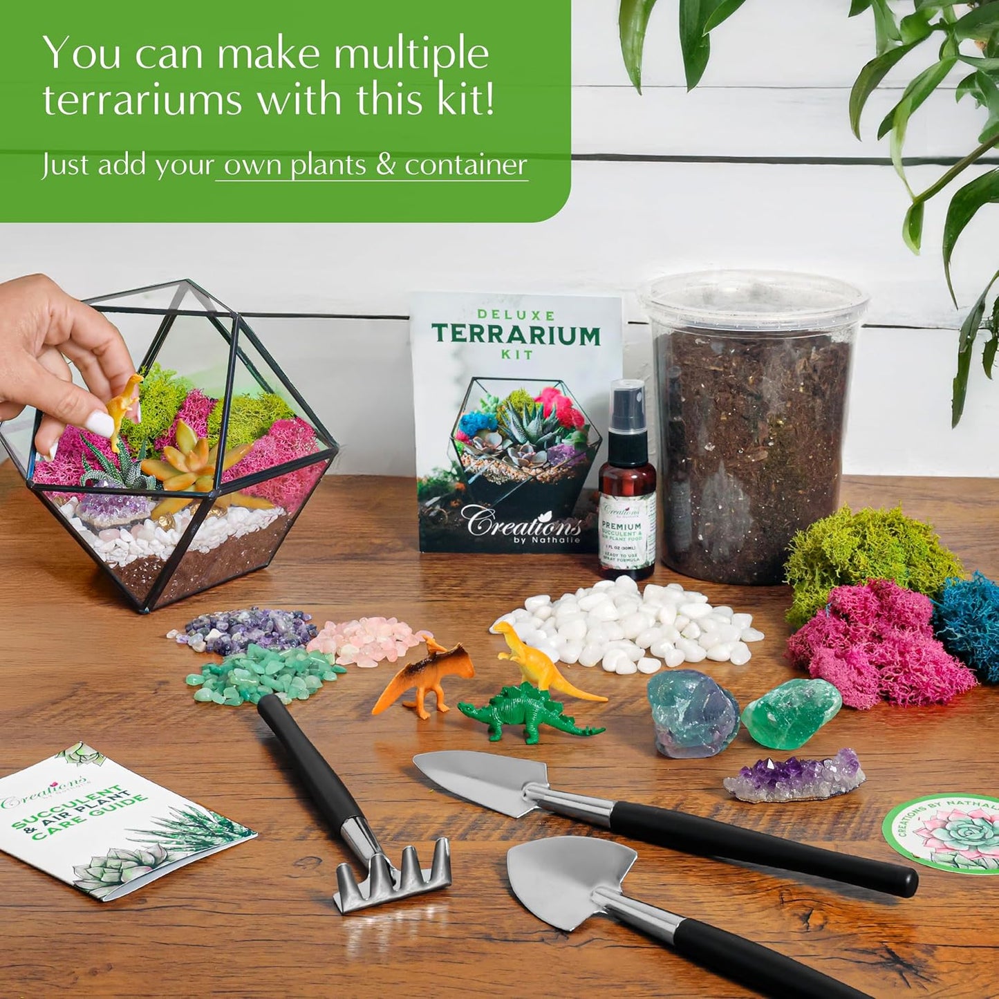 – DIY Large Terrarium Starter Kit with Soil, Moss, Pebbles, Healing Crystal, Tools & Supplies – Terrarium Kit for Adults & Kids, Handcrafted in USA