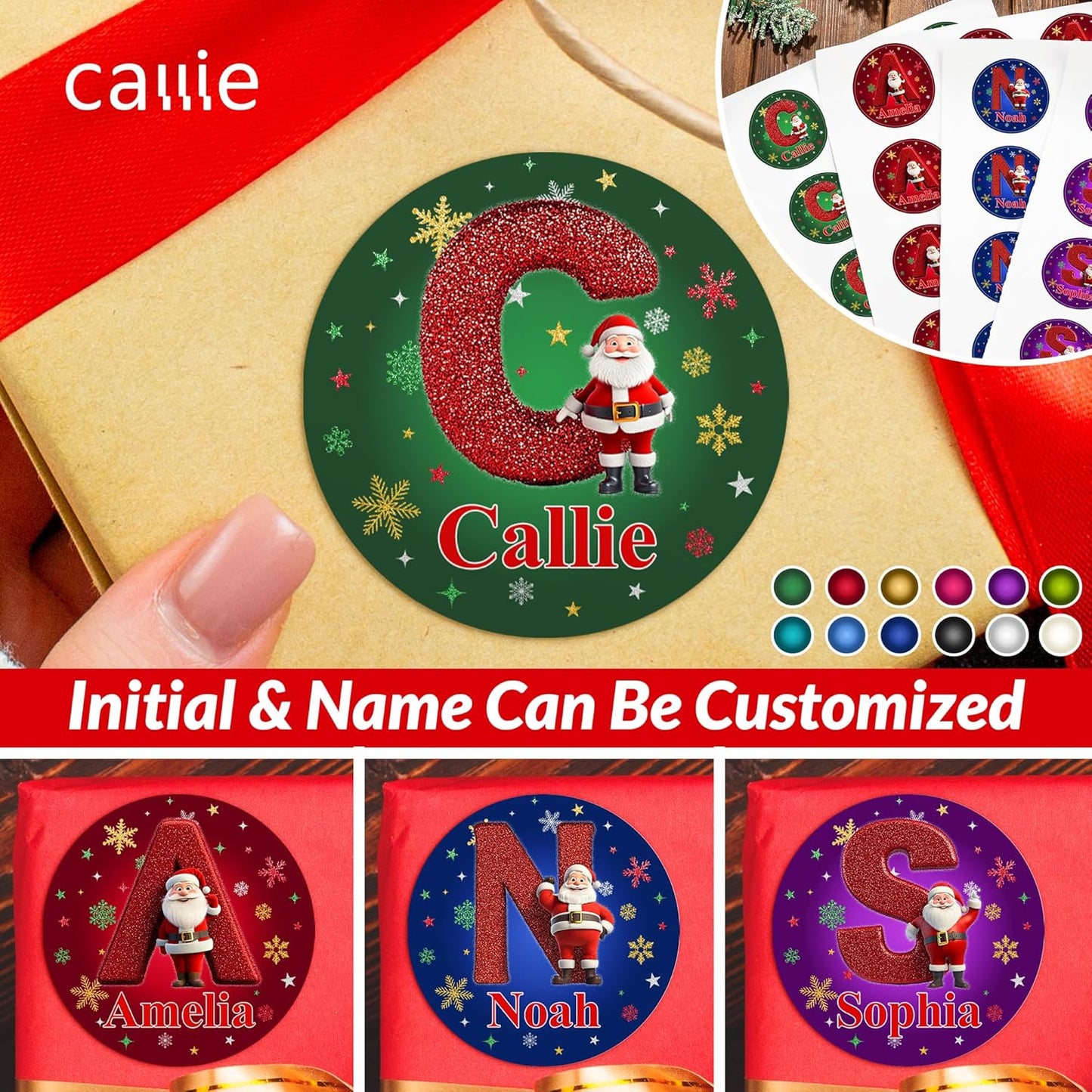callie Personalized Christmas Stickers - Custom Name & Initial, 1.97 Inch Cartoon Santa Claus Design Merry Christmas Stickers Labels for Envelopes Seals Crafts Cards Gifts (30PCS)