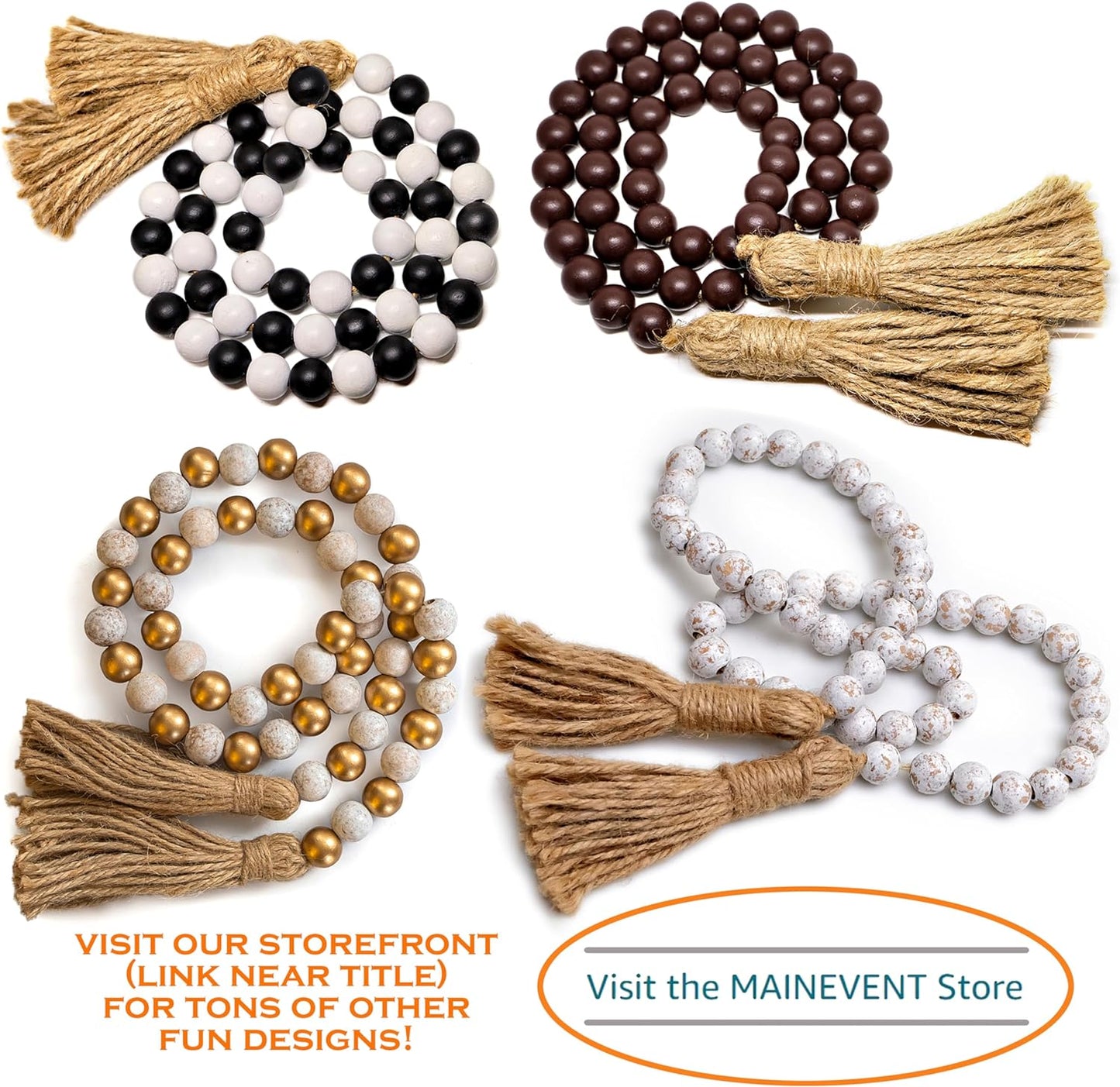 Farmhouse Wood Bead Garland Home Decor, Natural Wooden Garland for Tiered Tray, Decorative Tassel for Tier Tray, Rustic Beads Centerpiece Boho Table Decor, Beaded Accent White Washed