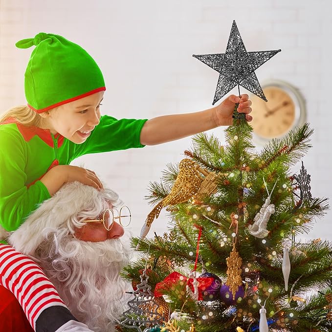 Fovths Christmas Tree Topper 6 Inches Metal Glittered Christmas Tree Topper Wire Star Treetop Sparkle Xmas Decoration for Christmas Tree Ornament Indoor New Year Holiday Party Supplies (Black)