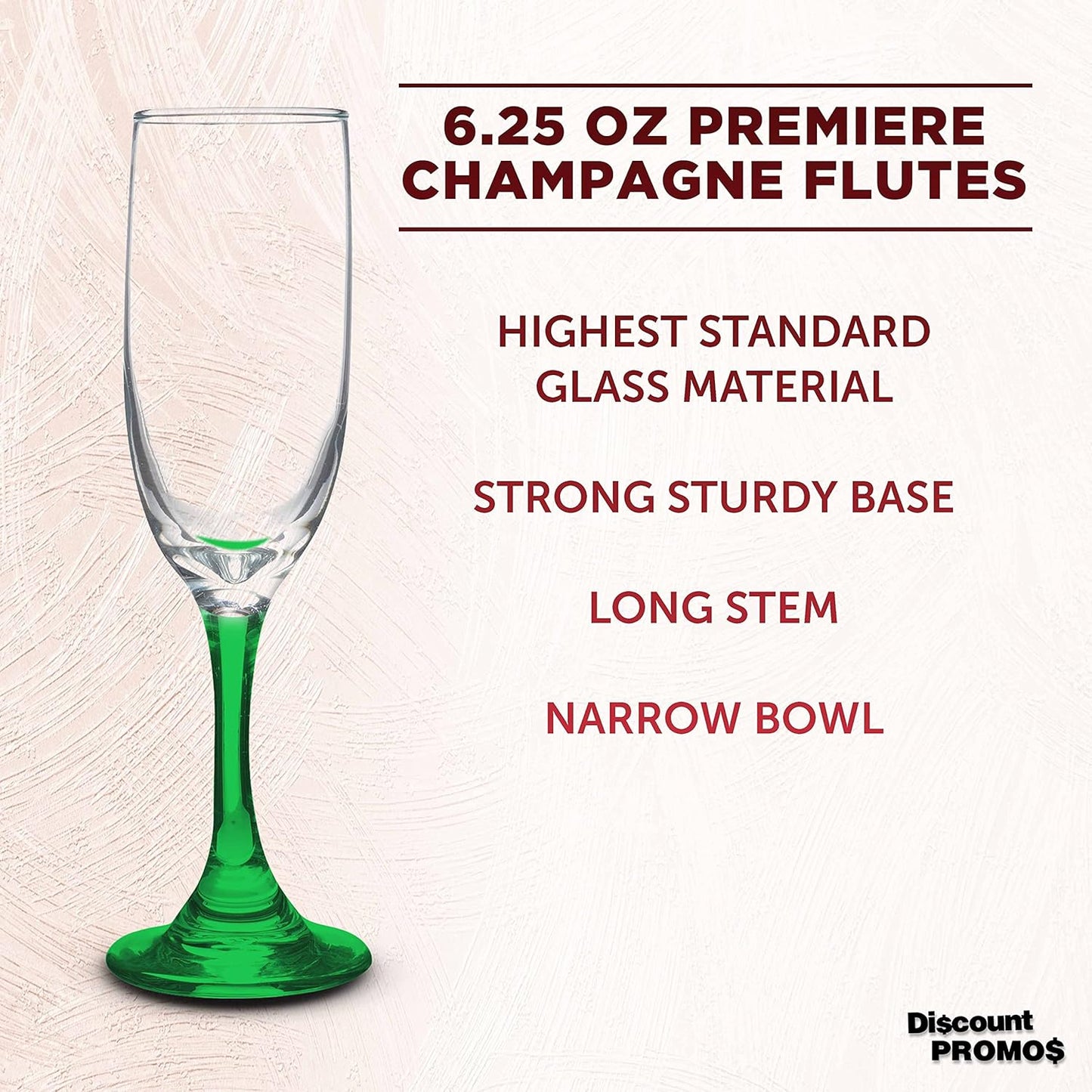 DISCOUNT PROMOS Premiere Champagne Flutes 6.25 oz. Set of 10, Bulk Pack - Elegant Drinkware for Weddings, Events, & Promotional Gifts - Green