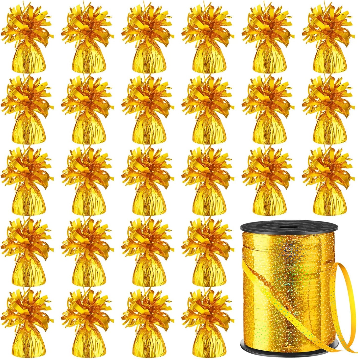 24 Pcs Balloon Weights Metallic Anchor Balloon Holder for Helium Balloons Heavy Table Weights and 1 Roll Iridescent Crimped Ribbon for Birthday Wedding Halloween Christmas Party(Gold)