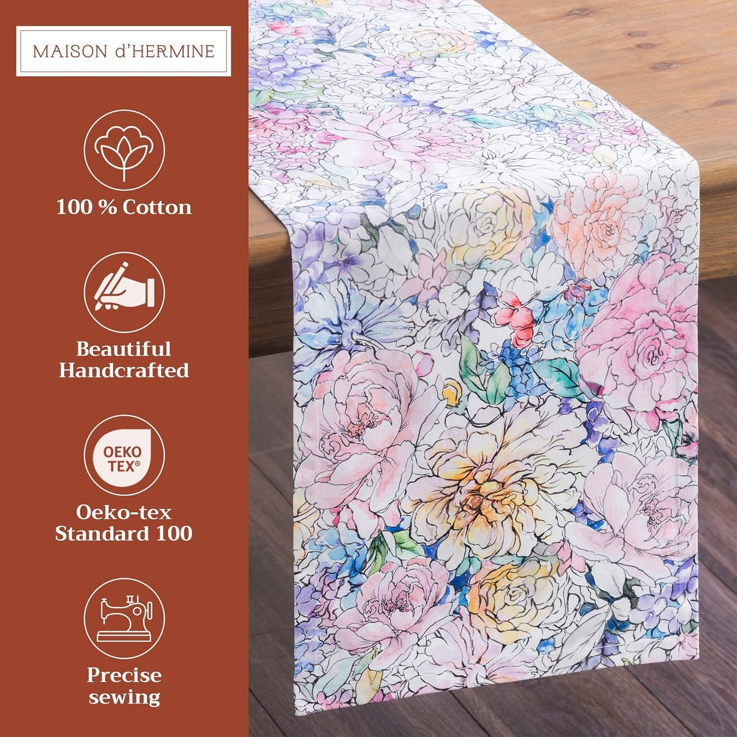 Maison d' Hermine Table Runner 100% Cotton Single Layer Table Runners 108 inches Long Decorative for Home Kitchen Dining Party Wedding Bridal Shower Spring Summer (Floral Love, 14.50" x 108")