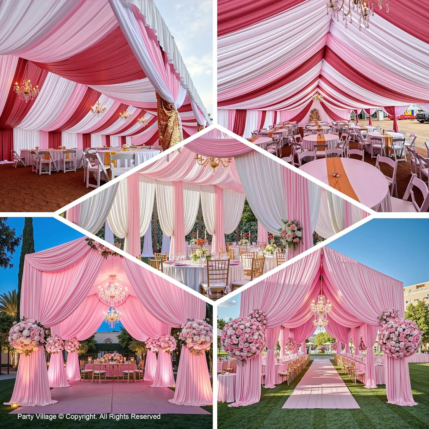 PartyVillage 10 Panels 5ftx30ft Baby Pink Ceiling Drapes for Wedding Parties – 30 FT Extra Long Thick Polyester Wrinkle-Free Drapery Tent Decor Decorations for Birthday Party Ceremony Stage Swag