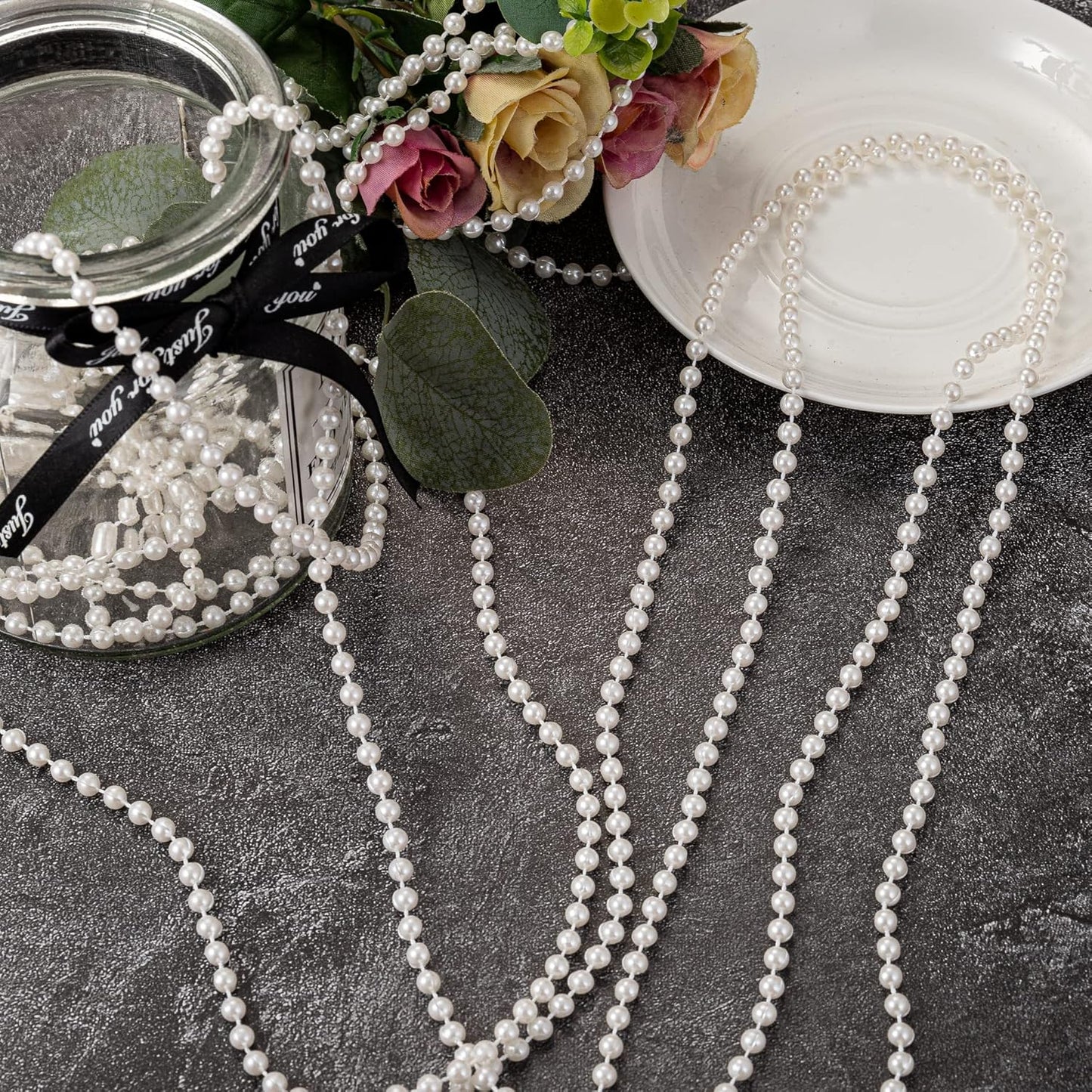 8mm Crafts Faux Pearl Beads Garland Pearl Bead Roll Strand of Pearls to Decorate Floral Centerpieces Wedding Party Favor Christmas Tree(33 Feet Silver)