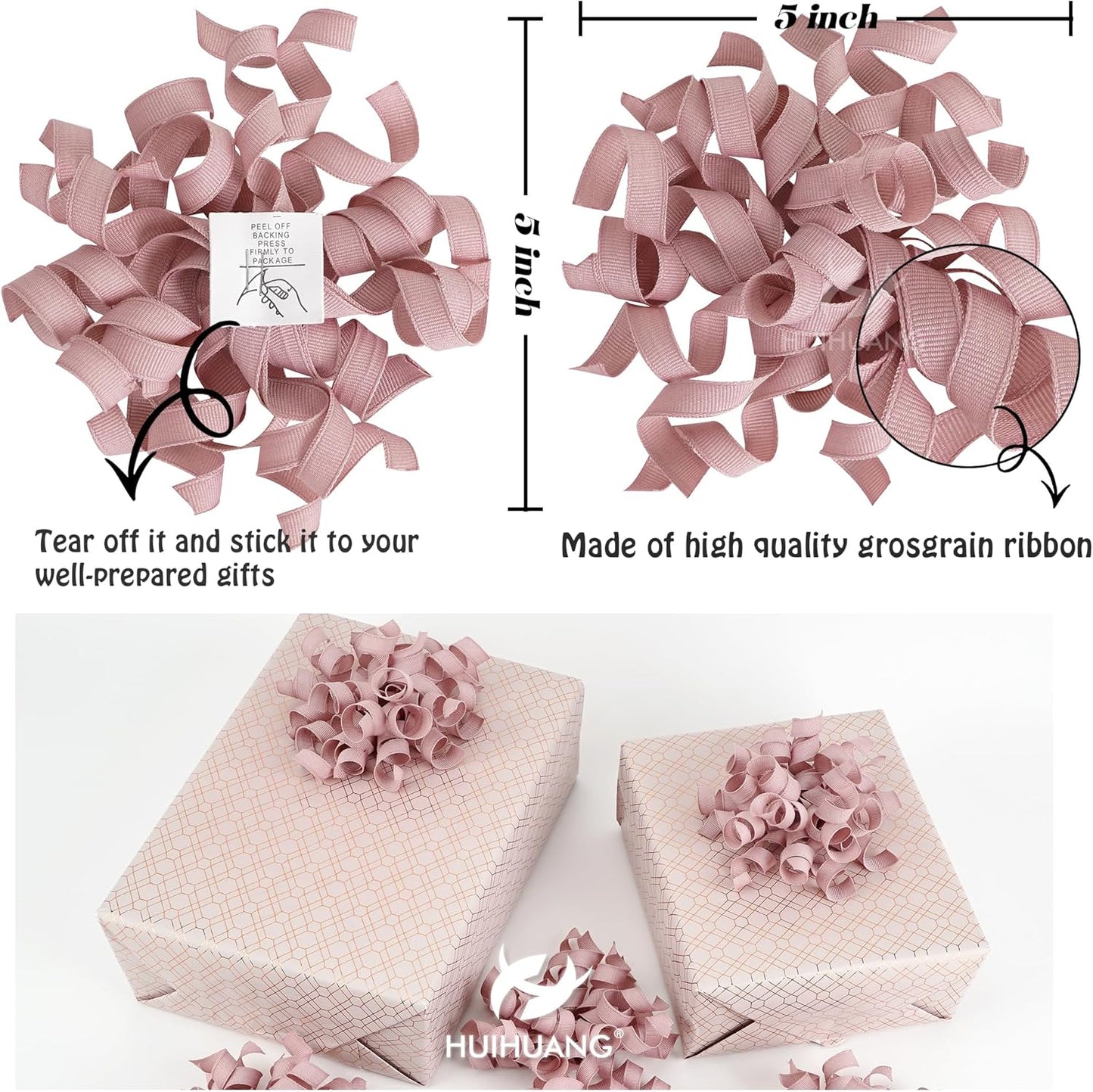 HUIHUANG Dusty Rose Bows for Gift Wrapping, Dusty Pink Curly Ribbon Bows Self Adhesive Burst Gift Bow for Presents, Wine Bottle, Treat Bags, Bridal Shower Wedding Party Favor - 6 Counts