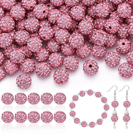 200pcs 10mm Rhinestone Beads for Jewelry Making, Pink Shiny Round Disco Ball Beads Bulk, Sparkle Crystal Clay Christmas for Bracelet Baseball Necklace Earring Crafting and DIY