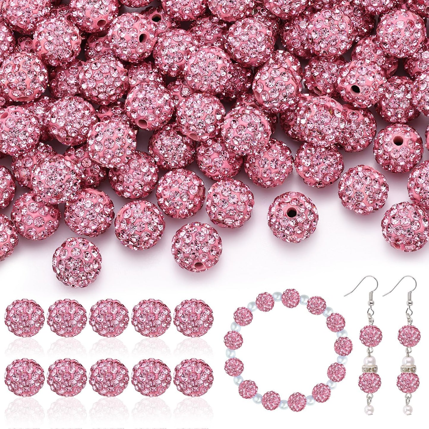 105pcs 10mm Rhinestone Beads for Jewelry Making, Pink Shiny Round Disco Ball Beads Bulk, Sparkle Crystal Clay Christmas for Bracelet Baseball Necklace Earring Crafting and DIY