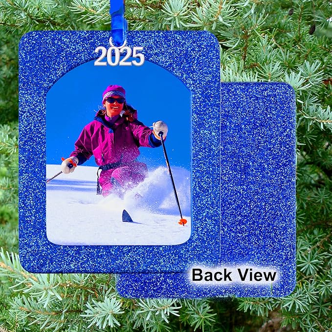 2025 Photo Ornaments for Christmas Tree, Sparkly Glitter Christmas Frame Ornament, Easy-Load Magnetic Design, Includes Satin Ribbon, Silver Charm & Photo Protector, Vertical, Blue