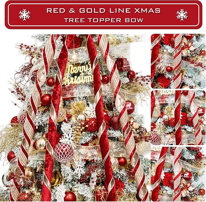 Christmas Tree Topper Bow，53 x 13 Inches Velvet Large Christmas Bow Decor with Long Glittering Streamer Line，Xmas Decorations for Tree Wreath Door Festival Home(Red & Gold Line)