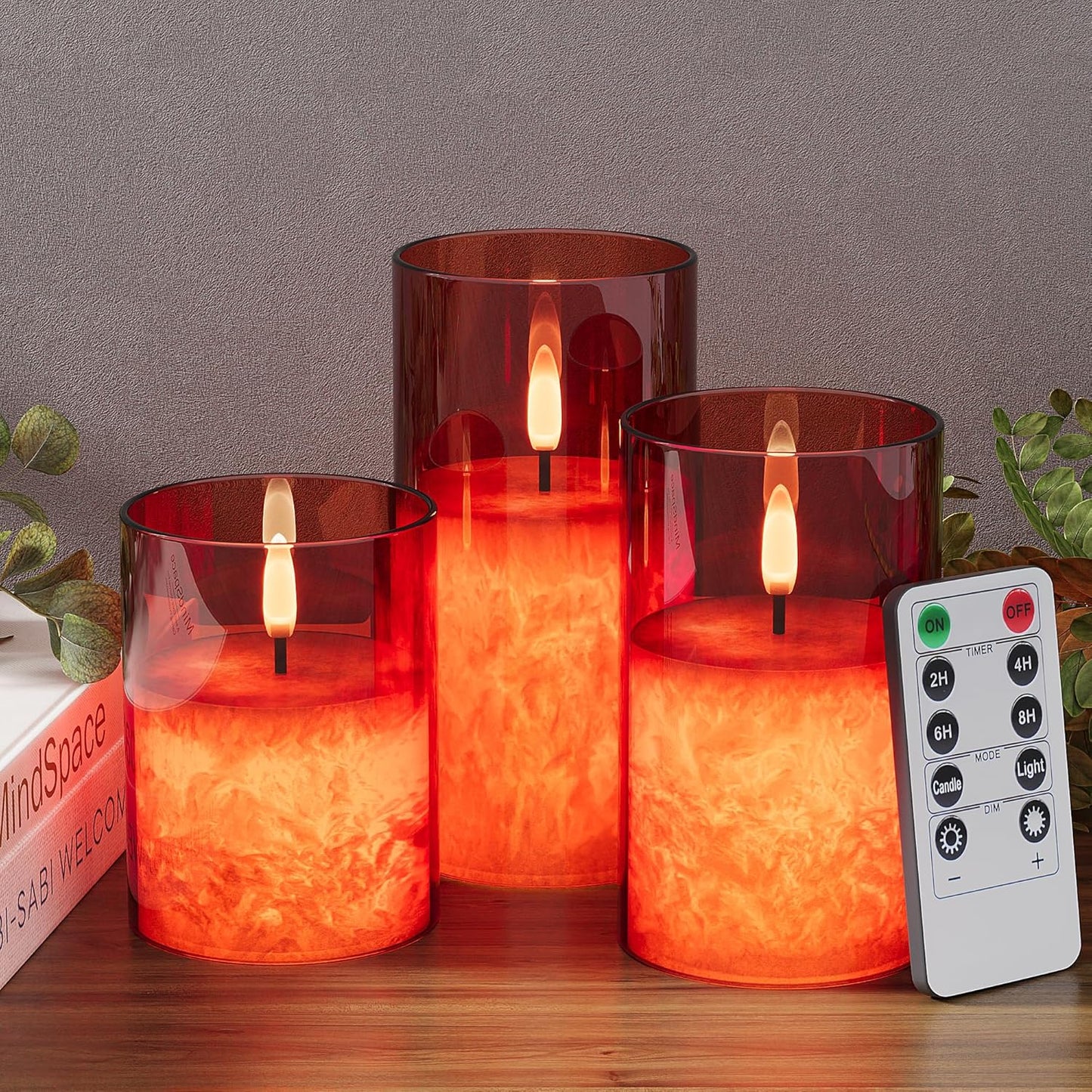 Ice Crystal Real Wax Glass Flameless Candles with Remote & Timer, Battery Operated Candles with Warm Flickering Flame, Realistic LED Candle for Wedding Home Decor [D3×H4/5"/6"] Red, 3Pack