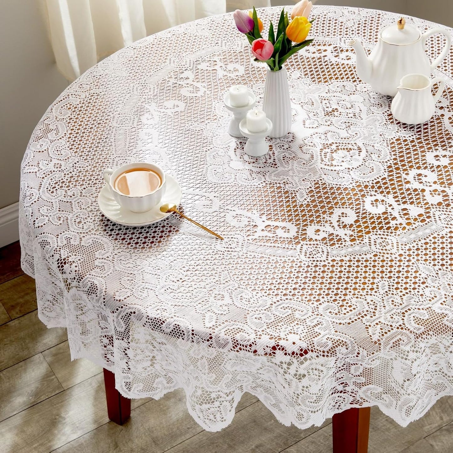 Juvale Round Lace Tablecloth - 59-Inch White Polyester - Scalloped Edge Circle Tablecloth with Floral Overlay & Vintage Decor for Wedding Receptions & Home