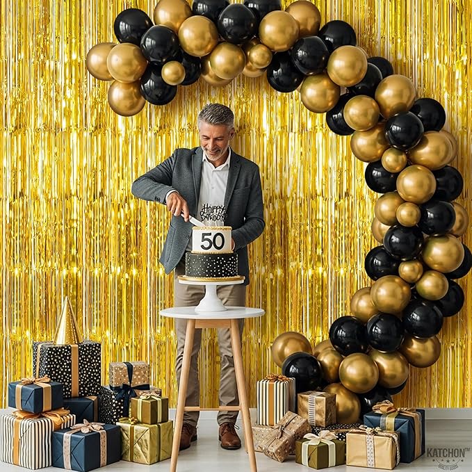 KatchOn, XtraLarge Gold Streamers Backdrop - 3.2x8 Feet, 2 Pcs | Gold Fringe Backdrop Curtain for New Years Decorations 2026, Casino, 50th Birthday Decorations | New Years Eve Party Supplies 2026