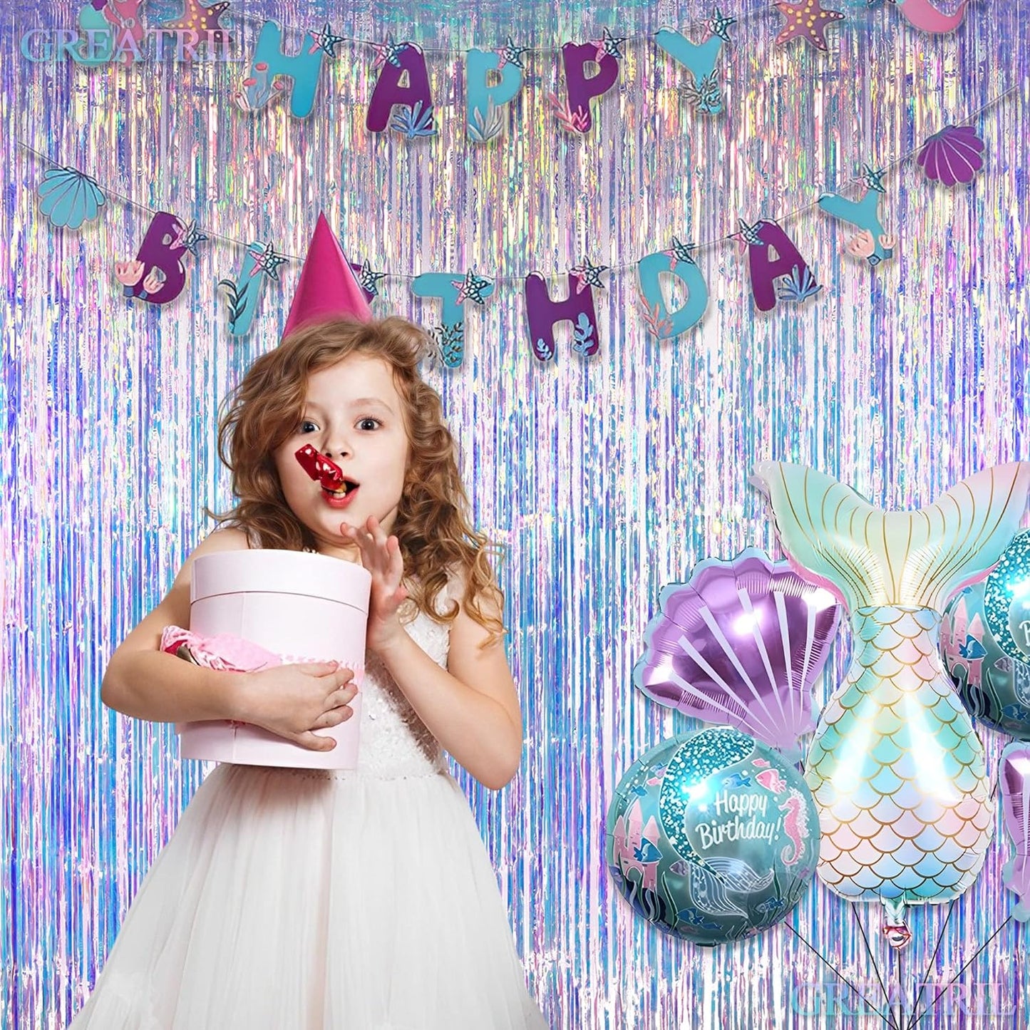 Iridescent Party Streamers Backdrop - GREATRIL Neon Transparent Holographic Tinsel Foil Fringe Curtain for Mermaid/Frozen/Sea/Euphoria/ERAS Party Theme Decorations 3.2ft x 6.5ft 2 PCS