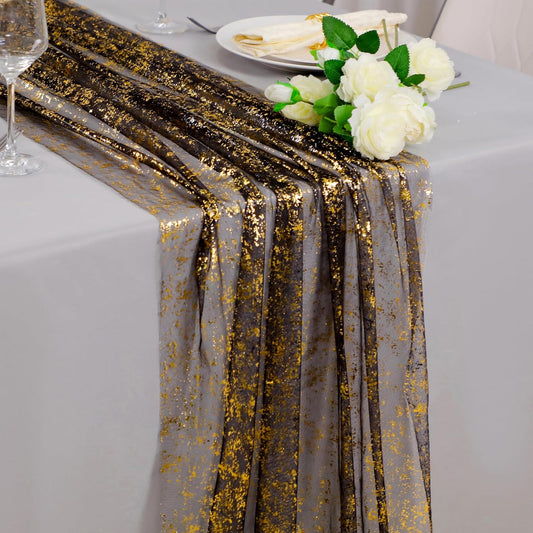 Snowkingdom Black and Gold Cheesecloth Table Runner 10 FT, Sheer Chiffon Sparkle Gauze Mesh Runners 120 Inch, Glitter Table Centerpieces Decoration for Birthday Party Wedding Christmas Halloween