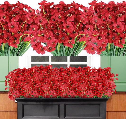 AmyHomie 20 Bundles Artificial Flowers for Outdoor UV Resistant Faux Flowers No Fade Fake Plastic Plants Garden Porch Window Box Decorating(Red)