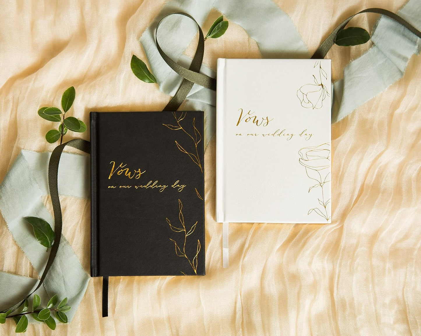 MUUJEE Vows On Our Wedding Day Vow Books (Set of 2) - Black and White Gold Foil Embossed Notebook Journal for Wedding Ceremony Vow Renewal - Wedding Gift Ideas