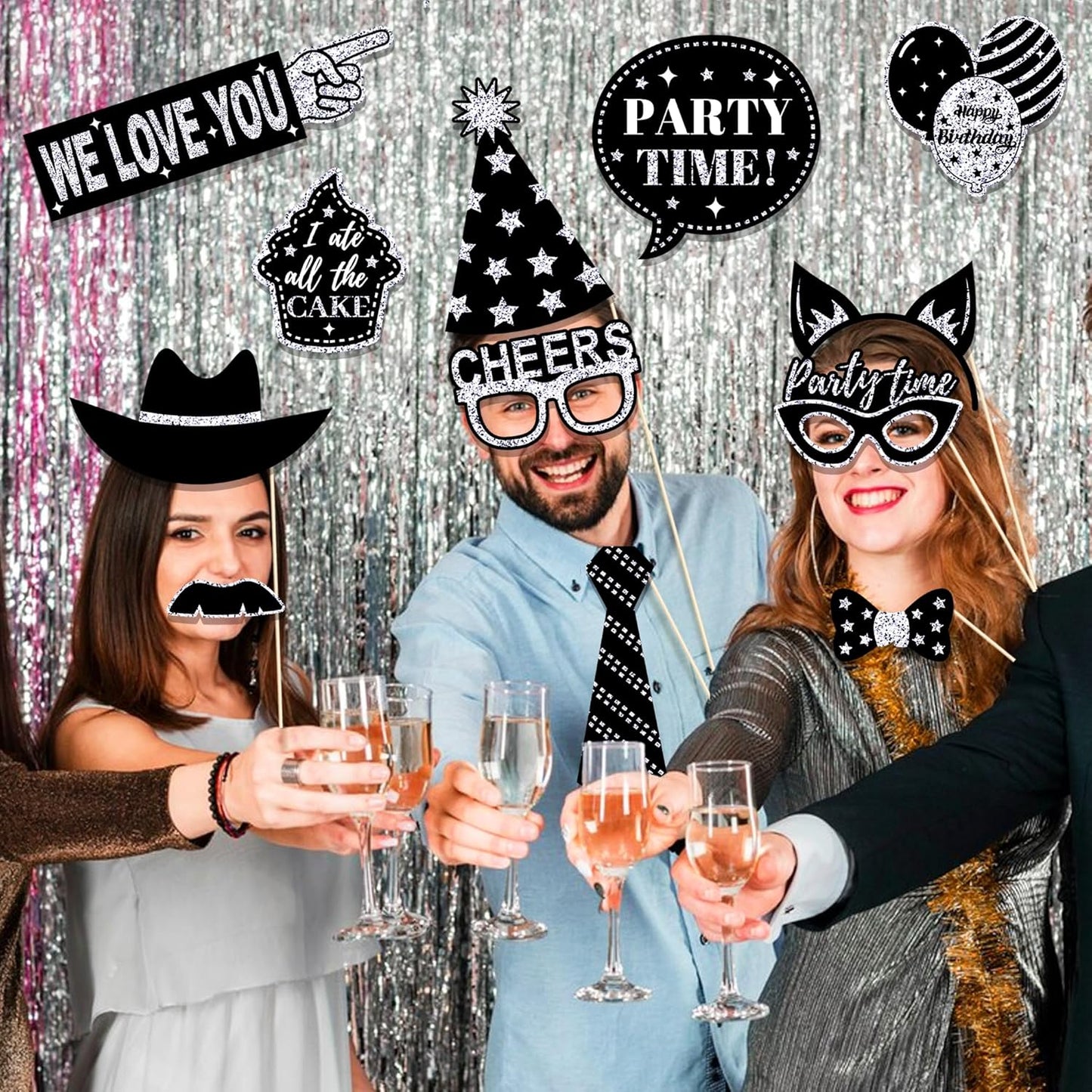 36 PCS Birthday Photo Booth Props Party Supplies Holiday Picture Decorations Photo Booth Props for Birthday Party Favors Pose Sign Kit Fun for Party (Silver and Black)