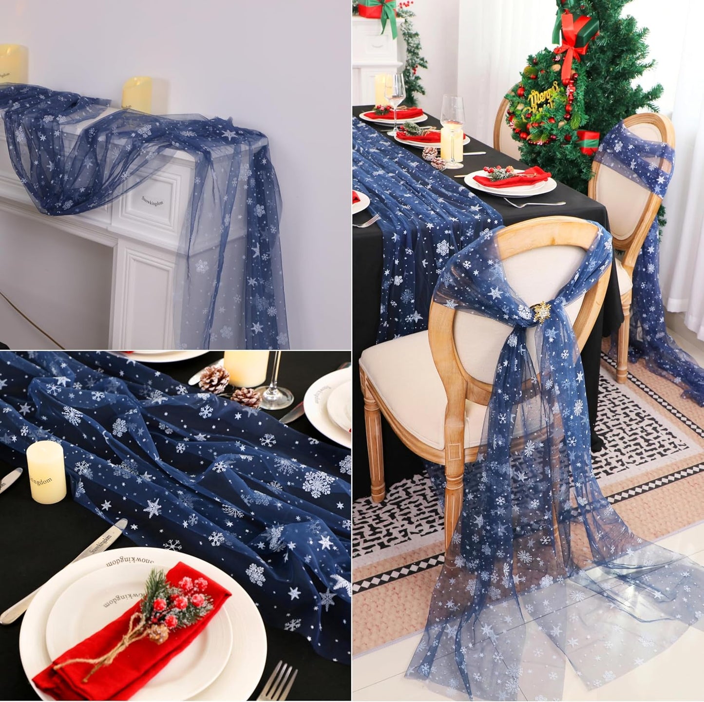 Snowkingdom Christmas Table Runner, Navy Blue Snowflake Cheesecloth Sheer Chiffon Gauze Table Runner, 120 Inch Seasonal Winter Holiday Kitchen Dining Decorations for New Year Home Party Decor