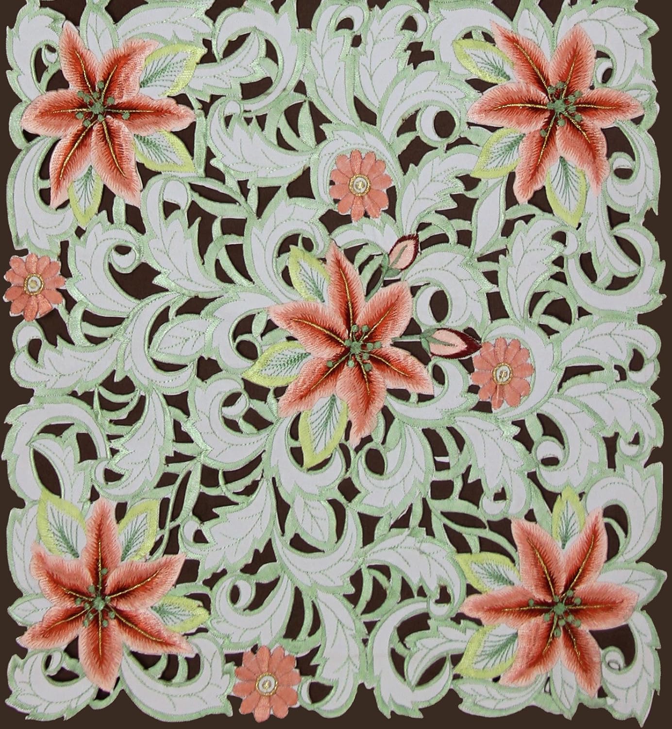 Creative Linens Embroidered Lily Daisy Floral Table Runner 15x52 Ivory Dresser Scarf