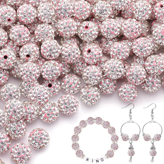 100pcs 10mm Rhinestone Beads for Jewelry Making, Pink White Shiny Round Shamballa Disco Ball Beads Bulk, Sparkle Crystal Clay Christmas for Bracelet Baseball Necklace Earring Crafting and DIY