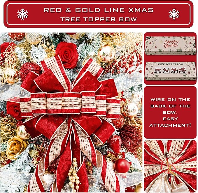 Christmas Tree Topper Bow，53 x 13 Inches Velvet Large Christmas Bow Decor with Long Glittering Streamer Line，Xmas Decorations for Tree Wreath Door Festival Home(Red & Gold Line)