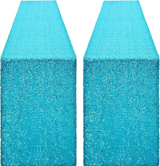 2 Packs 12 x 72 inches Turquoise Sequin Table Runner, Glitter Runner for Birthday Party Supplies Decorations Wedding Bachelorette Holiday Celebration Bridal Shower Baby Shower