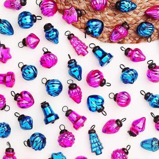 IndianShelf 50 Pieces Pink & Turquoise Glass Vintage Christmas Ornaments Mini Bulk Decorative Ornaments for Halloween, Christmas Tree, New Year, Valentine Day, Holidays, Event & Wedding(25 * 2 Boxes)