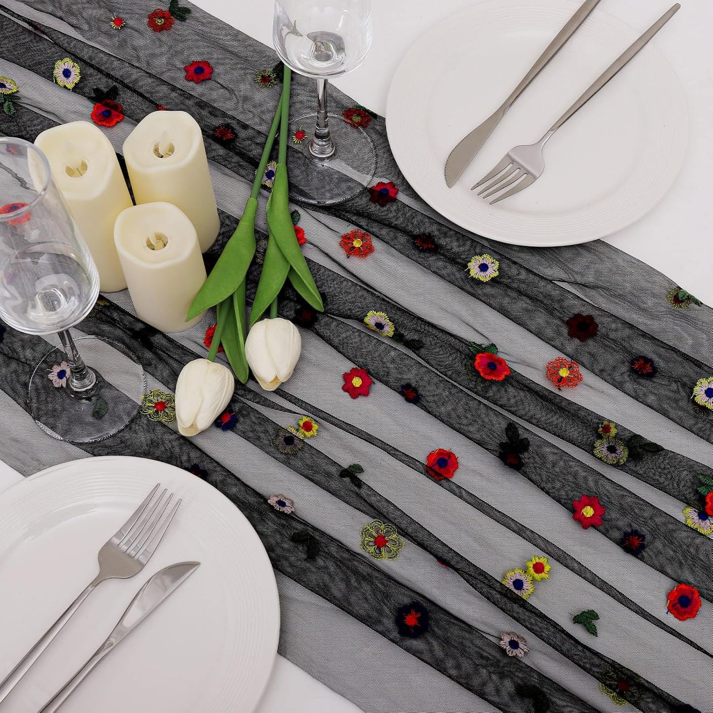 BINBE 1pcs Black Daisy Fall Table Runner Embroidery Gauze 10FT Florals Seasonal Tulle Holiday Birthday Kitchen Dining Table Decor for Home Party