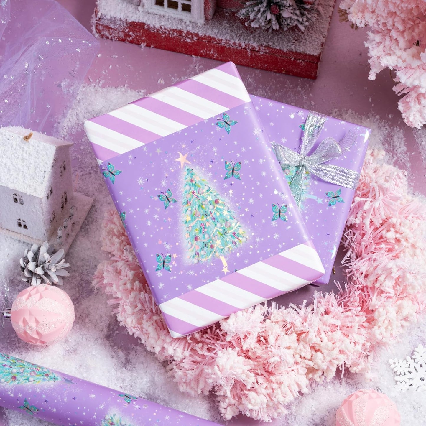LeZakaa Christmas Purple Wrapping Paper Mini Roll, Christmas Tree Butterfly, Pink Purple Stripe Reversible Design for Winter Holiday Family Gathering, 17 inches x 32.8 Feet